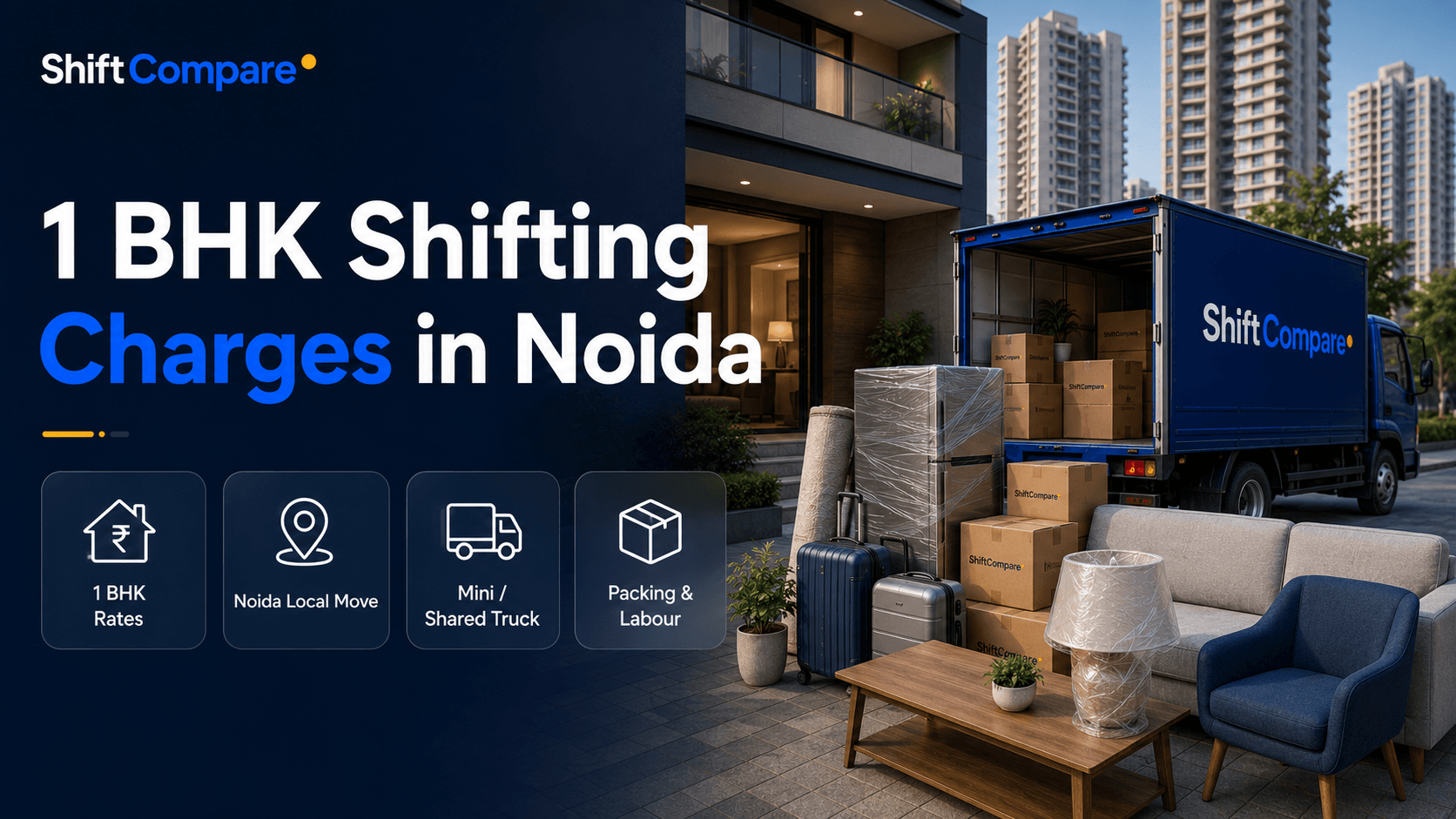 1 BHK shifting charges in Noida for small flats, PG goods and tower access